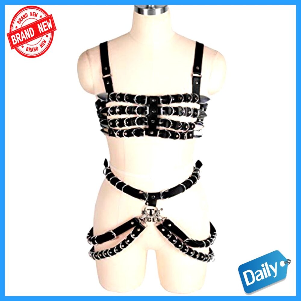 Leather Body Harness Bra Garter Belt Set, Adjustable Punk Gothic Costume - Picture 3 of 7